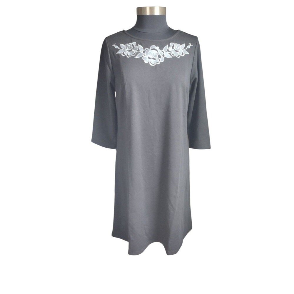 Bob Mackie Art Women's Black Dress  Embroidered Floral 3/4 Sleeve Medium Modest